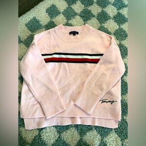 VTG Tommy Hilfiger Sweater Pullover Striped Pink Blue White Crewneck Size S M